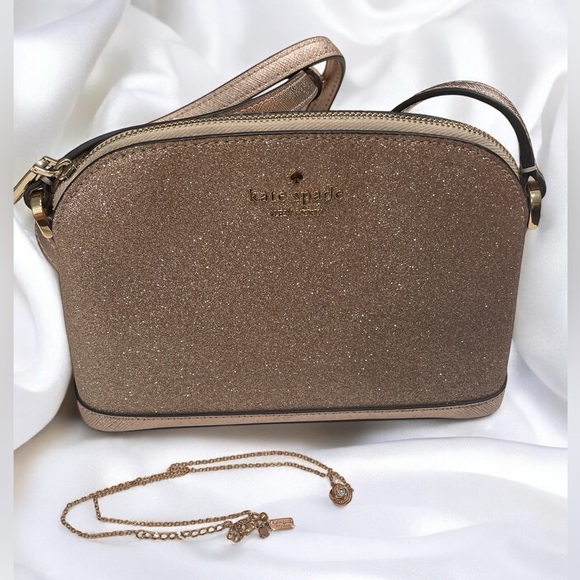 Kate Spade Tinsel Dome Crossbody Purse Rose Gold Glitter & Necklace - Picture 2 of 15